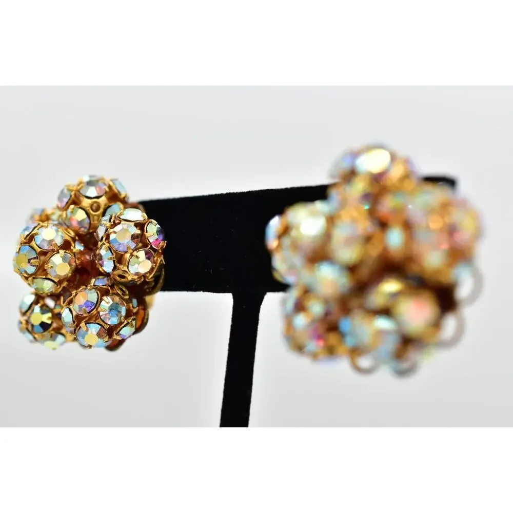 Vintage Crystal Clip On Earrings Aurora Borealis Prong Ball Flower 1950s BinBK